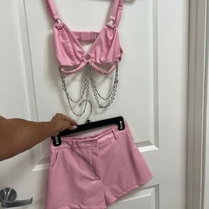 Hot & Delicious Pink Faux Leather Bralette & Shorts Set w/ Chains – Size S